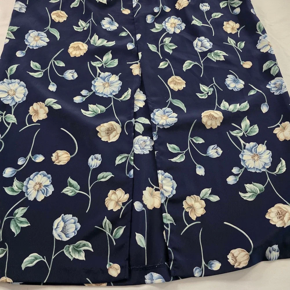 Floral Midi Skirt Elastic‎ Waist Navy Blue Vintage 34 Large Cottagecore Spring